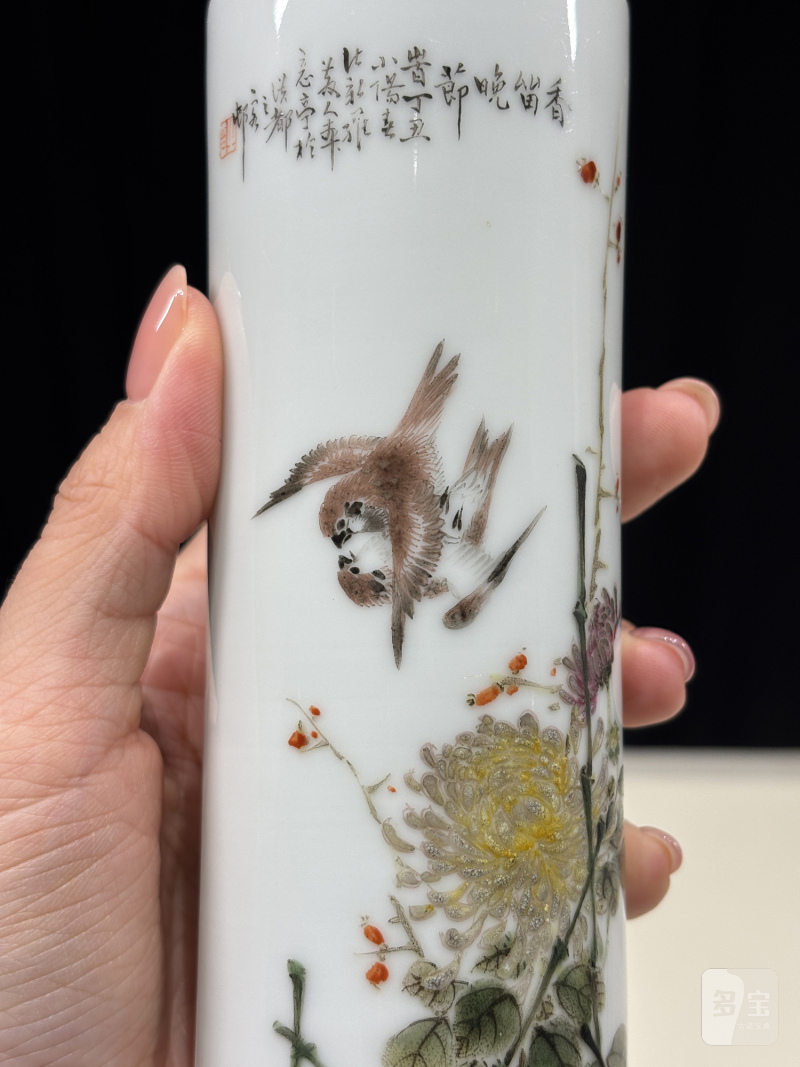 民国 程意亭花鸟图诗文香筒 - 图7